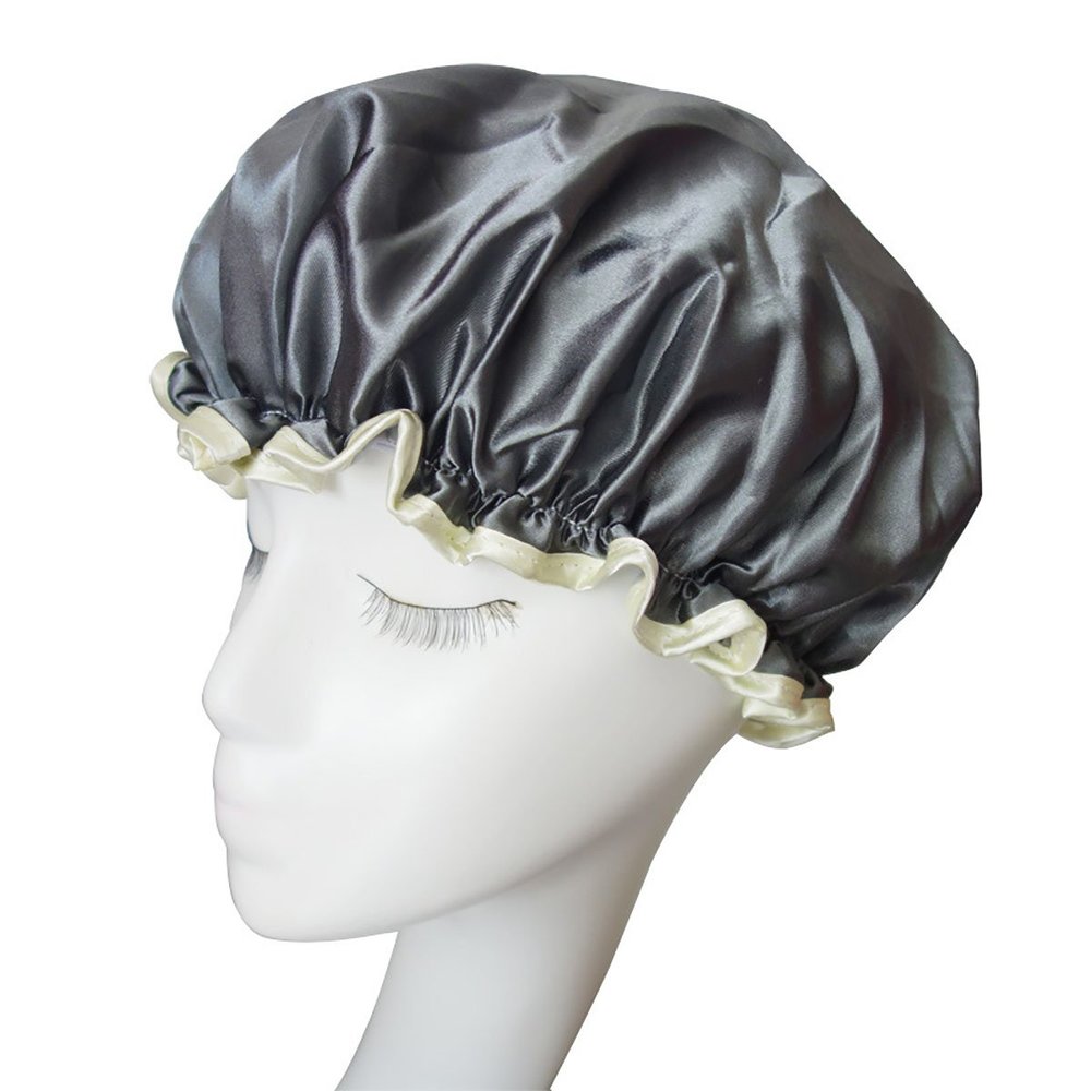 2PCS Women Lady Waterproof Elastic Double Layers Shower Caps Bath Spa Hat Hoods Bathroom Products (Gray)