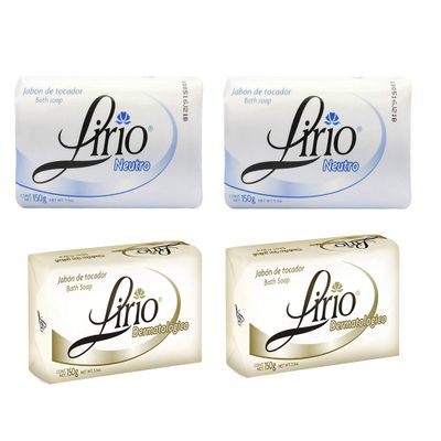 2 Lirio Neutro and 2 Lirio Dermatologico (4 Pack Total) 180 g / 6.35 oz Soap Bars Dermatological Bathing Natural Original Mexican Smooth Soothing Gentle Scent foaming Shower Bath Choose jabon tocador