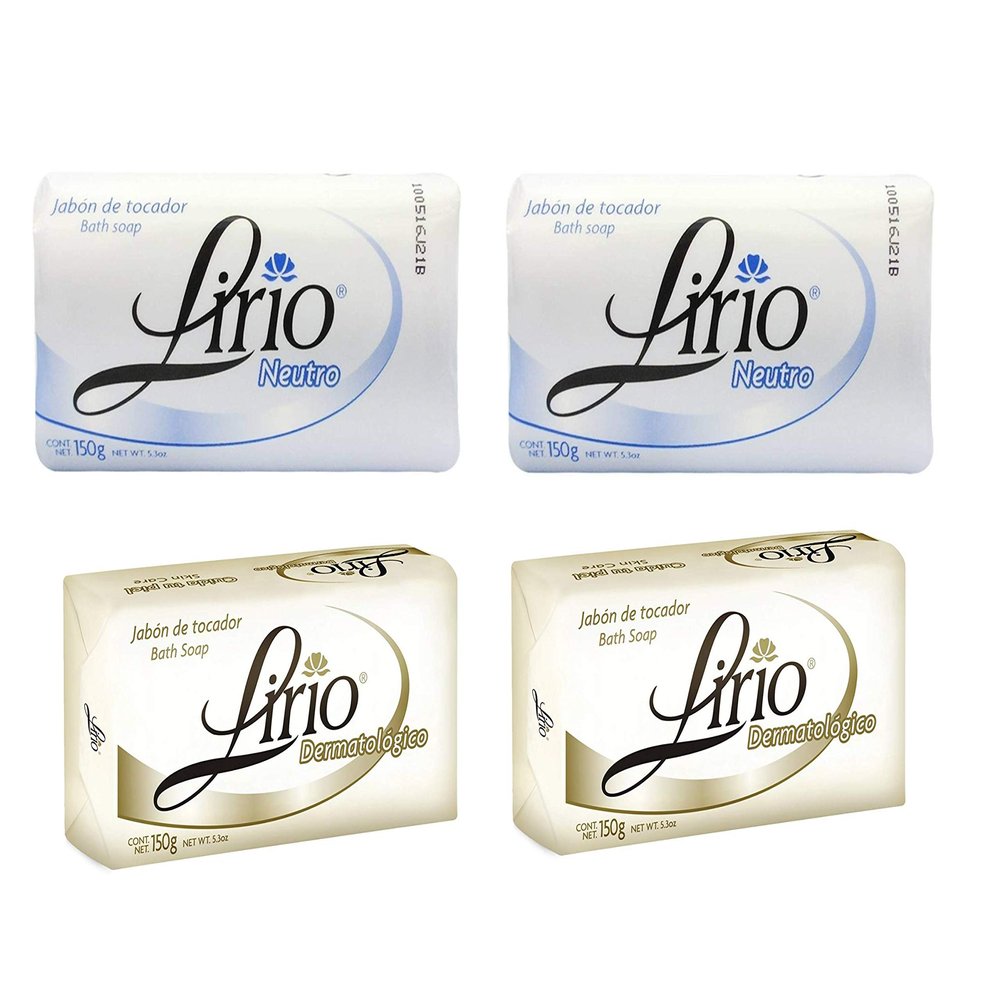 2 Lirio Neutro and 2 Lirio Dermatologico (4 Pack Total) 180 g / 6.35 oz Soap Bars Dermatological Bathing Natural Original Mexican Smooth Soothing Gentle Scent foaming Shower Bath Choose jabon tocador