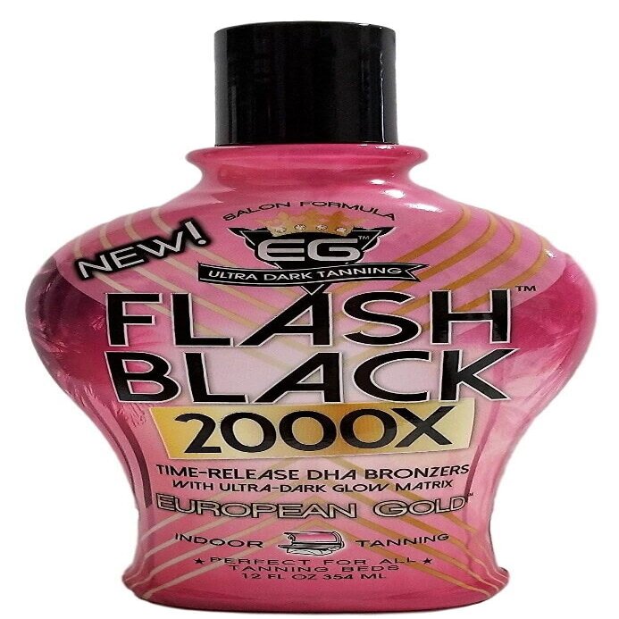 European Gold Flash Black 2000X Indoor Tanning Lotion with Advanced Time-Release DHA Bronzers, Skin Conditioning Complex, and Ultra-Dark Color Enhancers  12 oz Bottle