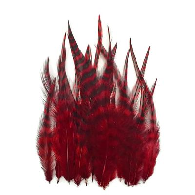Hair Feathers ; 1 Dozen - SHORT RED Grizzly Rooster Whiting Hair Extension Feathers