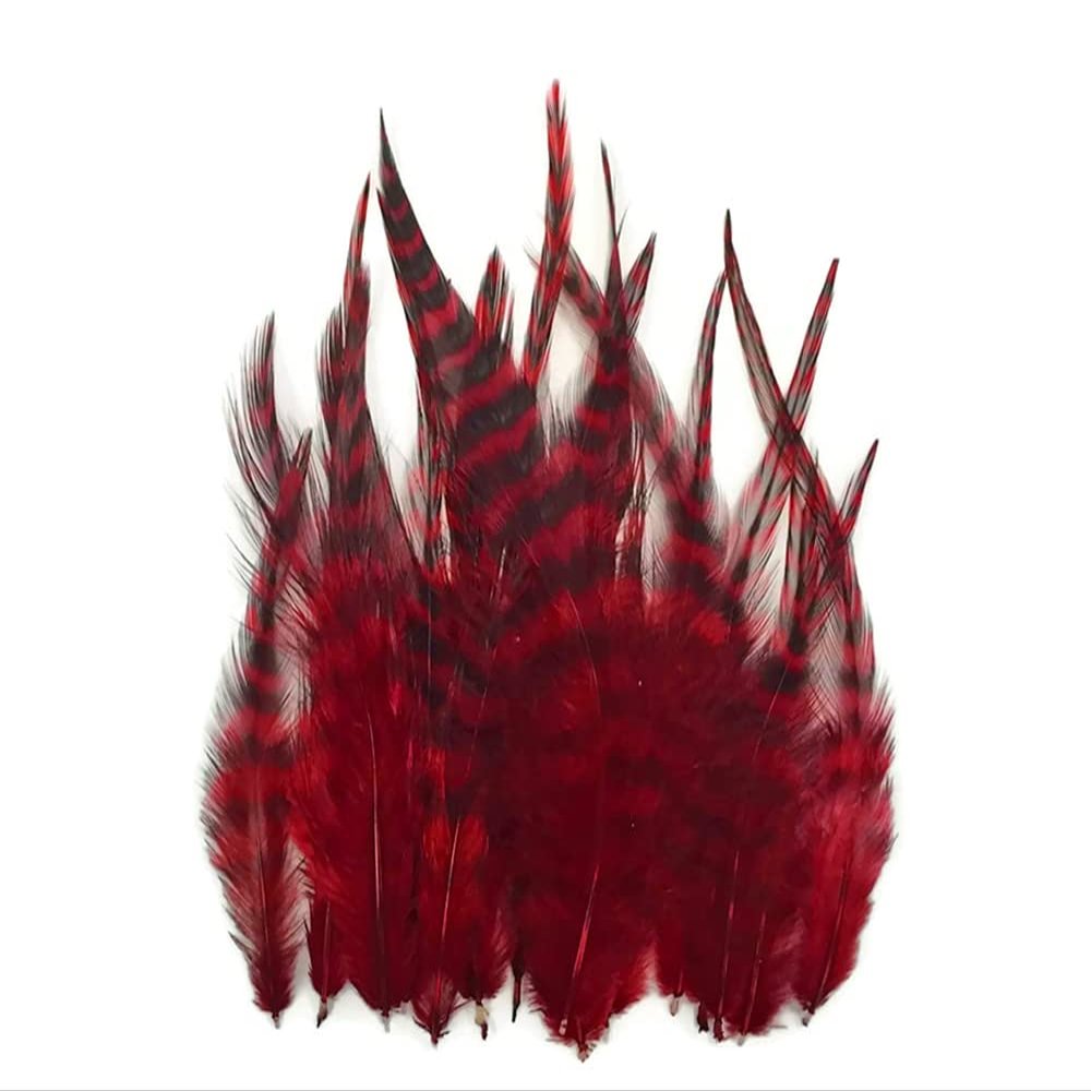Hair Feathers ; 1 Dozen - SHORT RED Grizzly Rooster Whiting Hair Extension Feathers