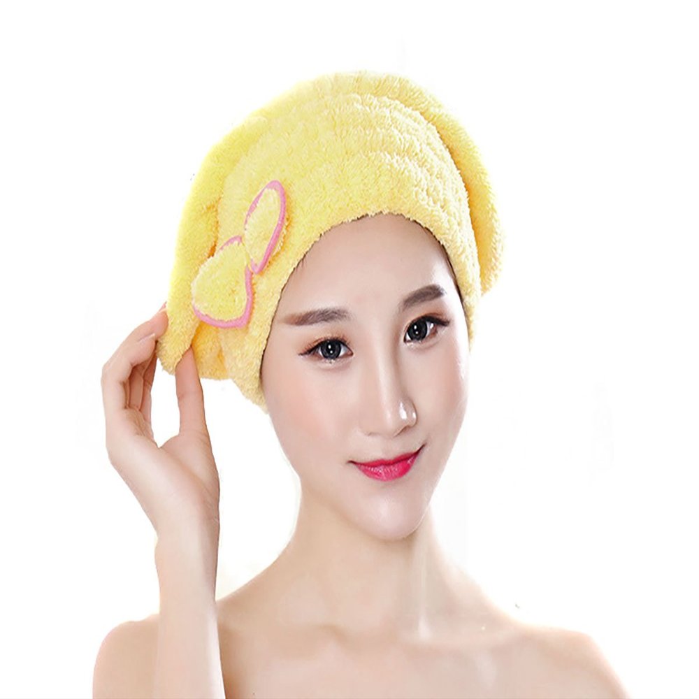 2PCS Fast Drying Hair Hat Cap with Bowknot Long Hair Head Wrap Hat Turban Microfiber Hair Drying Towels Bathroom Products (Yellow)