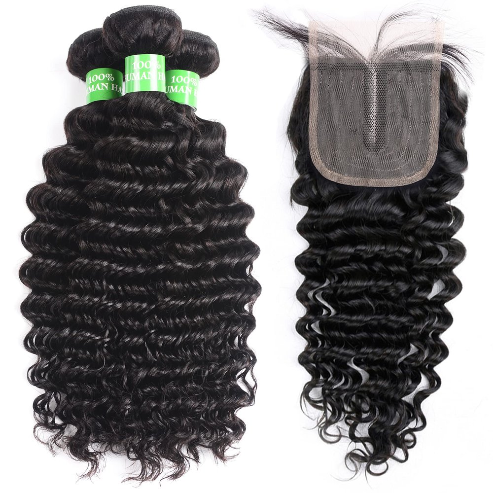 Brazilian Human Hair Bundles With Closure - 100% Unprocessed 7A Brazilian Deep Curly Human Virgin Hair 3 Bundles With Free Part Swiss Lace Closure Natural Color (20 22 24 + 20)