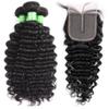 Brazilian Human Hair Bundles With Closure - 100% Unprocessed 7A Brazilian Deep Curly Human Virgin Hair 3 Bundles With Free Part Swiss Lace Closure Natural Color (20 22 24 + 20) view 1