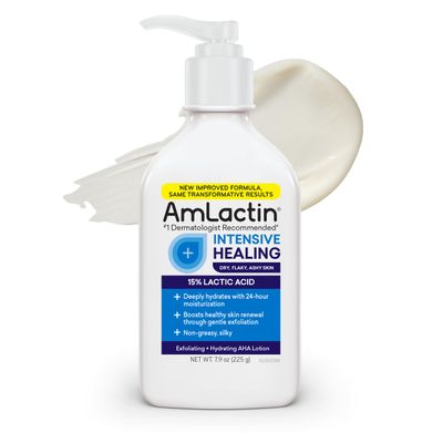 AmLactin Intensive Healing Body Lotion - Therapeutic Lotion for Extremely Dry Skin - No-Scrub Exfoliator and Moisturizer with 15% Lactic Acid AHA and Ceramides, 7.9 oz (Packaging May Vary)