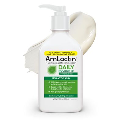AmLactin Daily Nourish Therapeutic Body Lotion for Dry Skin - No-Scrub Exfoliator and Moisturizer - AmLactin 12% Lactic Acid Lotion, 7.9 oz (Packaging May Vary)