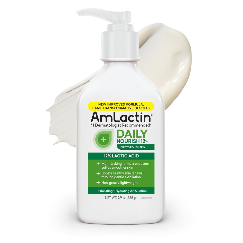 AmLactin Daily Nourish Therapeutic Body Lotion for Dry Skin - No-Scrub Exfoliator and Moisturizer - AmLactin 12% Lactic Acid Lotion, 7.9 oz (Packaging May Vary)