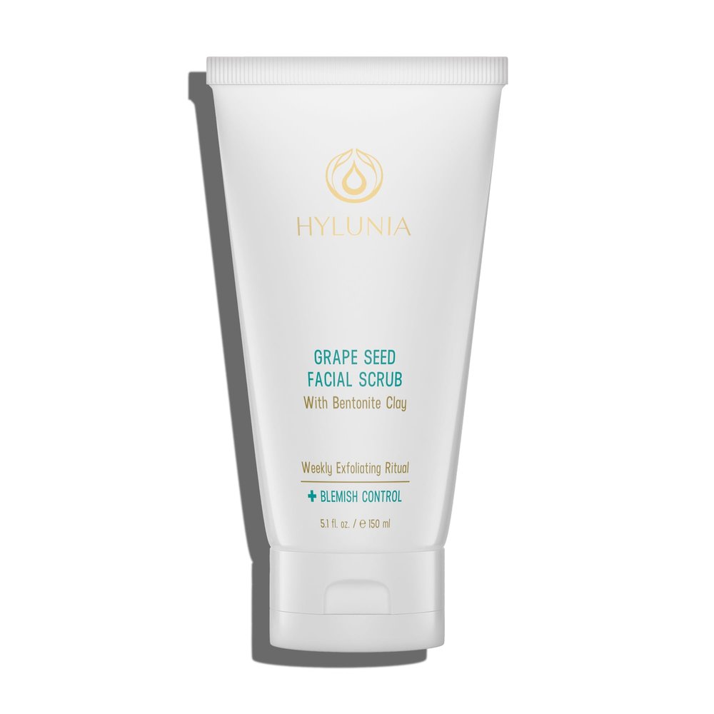 Hylunia Skincare Grape Seed Facial Scrub Gentle Exfoliating Face Scrub with Ground Grape Seed, Bentonite Clay, and Alpha Hydroxy Acid for smooth, glowing skin and refined pores, 5.1oz