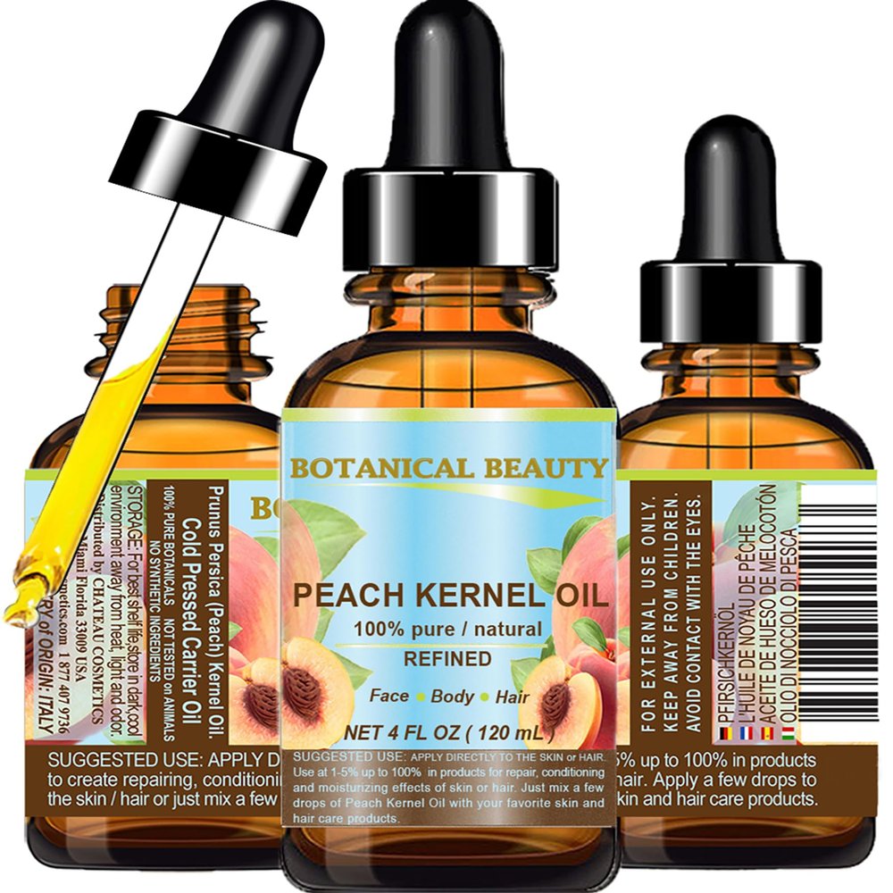 Botanical Beauty Peach Kernel Oil. 100% Pure Natural Undiluted Refined Cold Pressed Carrier Oil for Face, Skin, Hair, Massage, Lip, Nail Care. 4 Fl. oz-120 ml