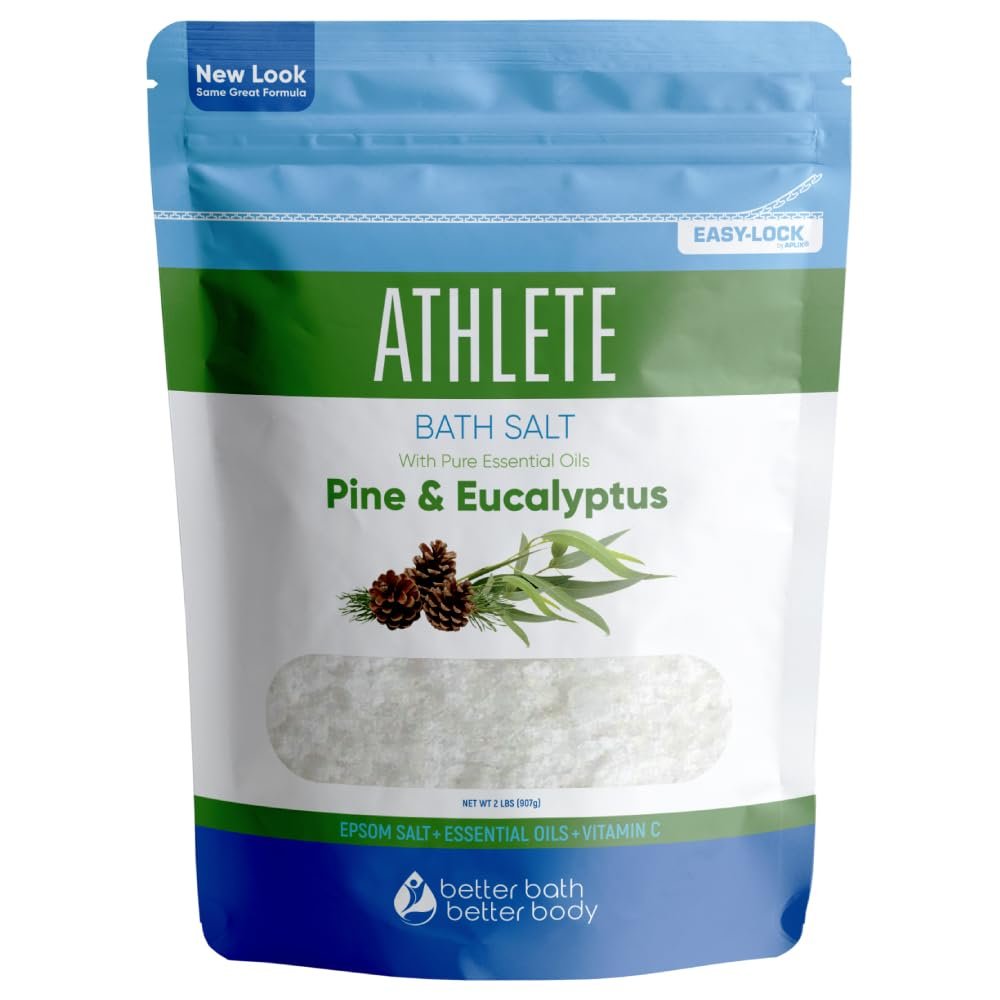 Athlete Bath Salt 32 Ounces Epsom Salt with Natural Lavender, Pine, Peppermint and Eucalyptus Essential Oils Plus Vitamin C in BPA Free Pouch with Easy Press-Lock Seal
