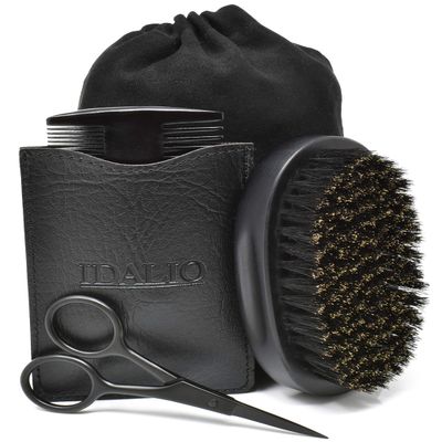 IDALIO Beard Brush and Comb Set for Men Grooming with Natural Boar Bristle Beard Brush Pear Wood Bear Comb and Stainless Steel Trimming Beard Scissors