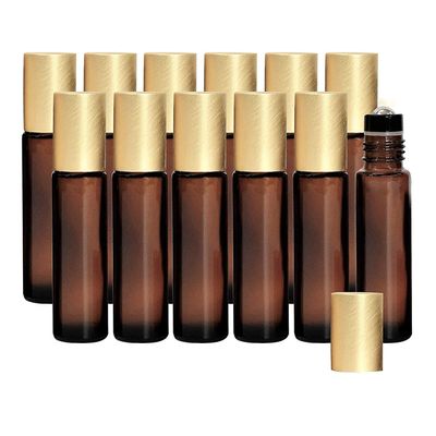 12-Pack 10ml Amber Glass Roller Bottles with Brushed Gold Leakproof Caps  Premium Empty Roll-On Bottles for Essential Oils, Perfumes, Serums, DIY Aromatherapy & Beauty Products
