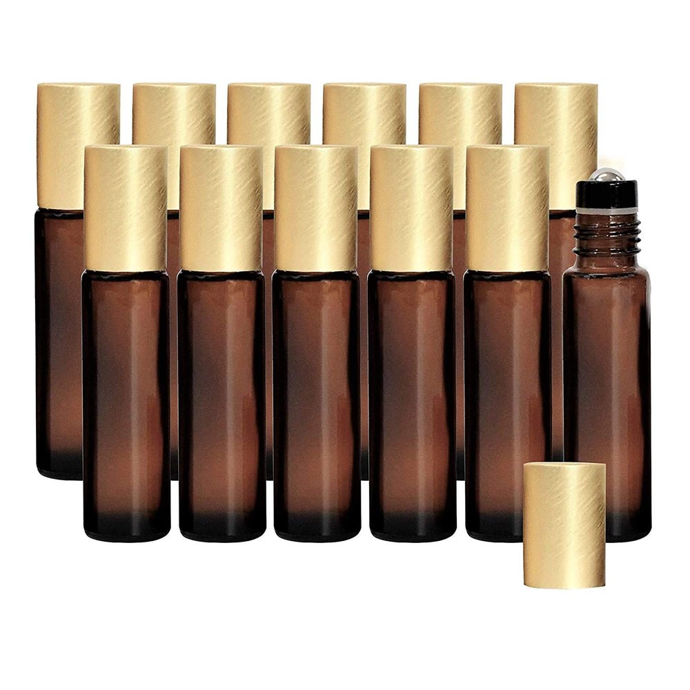 12-Pack 10ml Amber Glass Roller Bottles with Brushed Gold Leakproof Caps  Premium Empty Roll-On Bottles for Essential Oils, Perfumes, Serums, DIY Aromatherapy & Beauty Products
