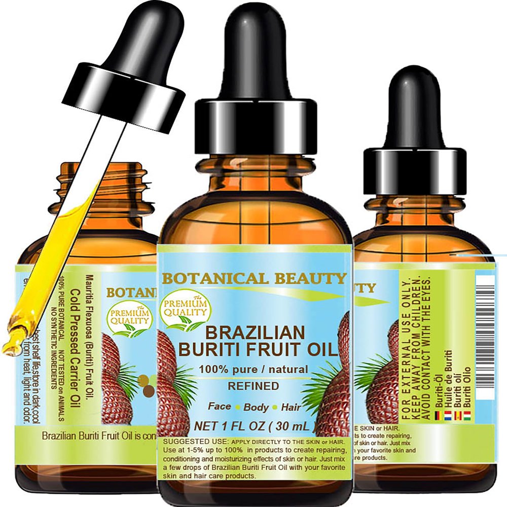 Botanical Beauty Brazilian BURITI FRUIT OIL 100% Pure Natural Refined Cold Pressed Carrier Oil Undiluted 1 Fl Oz - 30 ml for Face, Skin, Body, Hair, Nails