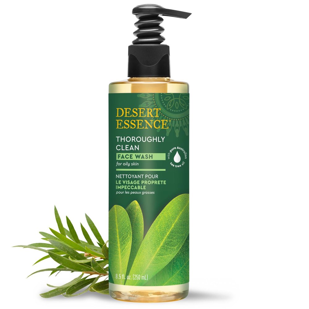 Desert Essence Thoroughly Clean Face Wash with Tea Tree Oil  Natural Facial Cleanser with Castile Soap & Coconut Oil  For Oily & Sensitive Skin  Vegan & Cruelty-Free (8.5 Fl Oz)