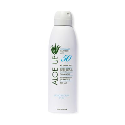 Aloe Up White Collection SPF 50 Sunscreen Spray Mist for Face & Body with Aloe Vera Gel, Water Resistant up to 80 Minutes, Reef Friendly, Non Greasy, Fast Absorbing, Coco Mango 5.5 oz