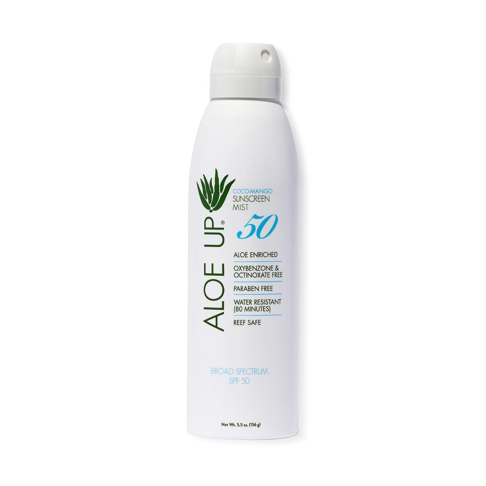 Aloe Up White Collection SPF 50 Sunscreen Spray Mist for Face & Body with Aloe Vera Gel, Water Resistant up to 80 Minutes, Reef Friendly, Non Greasy, Fast Absorbing, Coco Mango 5.5 oz