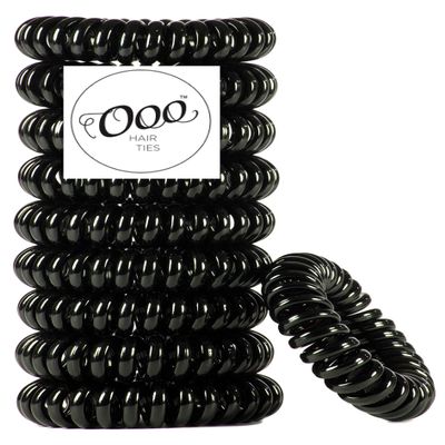 10 Pack Painless PATENTED OOO Hair Ties. Ponytail holder spiral coil traceless rubber bands. Best kids girls woman accessory all types of hair. Exercise, work & everyday. LARGE SIZE (Black)