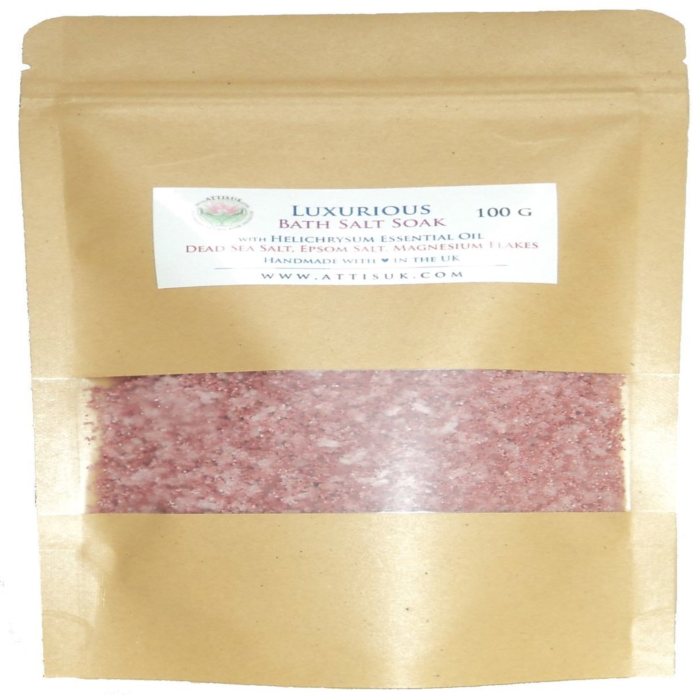 ATTIS Luxurious Bath Salt Soak with Helichrysum Essential Oil, Dead Sea Salt, Magnesium Flakes, Epsom Salt | Vegan | Hand Made | Relaxing | Refreshing | Calming | Rejuvenating (3.52oz)