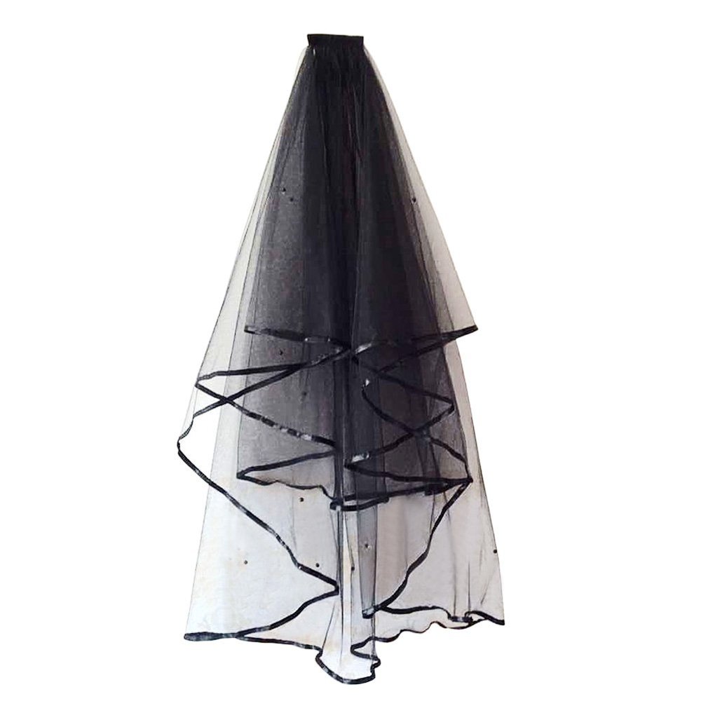 Aimeely Creative Beads Satin Edge Black Veil Multilayer Short Wedding Photograph Accessories With Comb