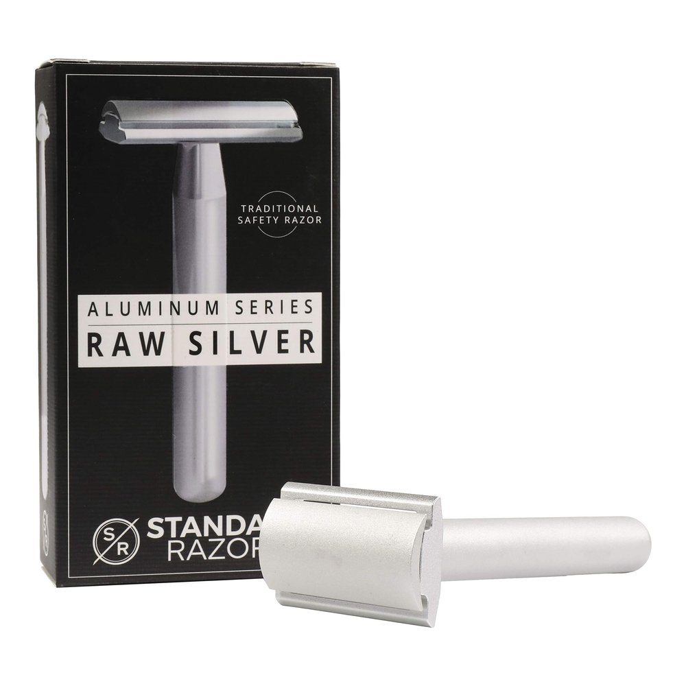 Standard Razors Aluminum Double Edge Safety Razor - Raw Silver | Three Piece Double Edge Safety Razor