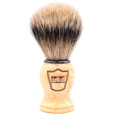 Parker Silvertip Badger Shaving Brush-Faux Ivory Resin Handle & Stand | 22mm Soft Knot for Rich Lather | Handcrafted Grooming Tool for Shave Soaps or Creams | Luxury Wet Shaving Brush | Iconic Brand