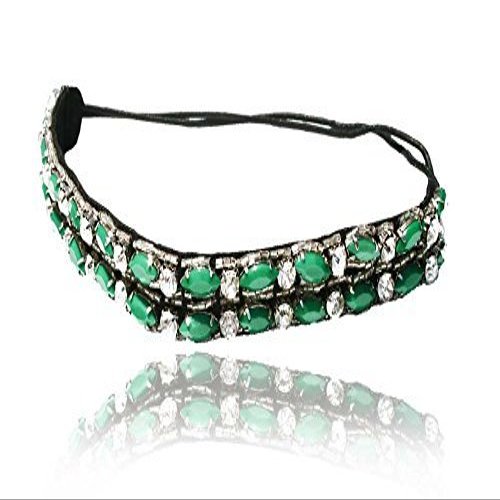 Emerald Green Rhinestone and Beaded Headband#66 Bohemian Style Headband. Elastic Band to Fit Any Size Head. Comes with Look Guide to Show You Many Styles.