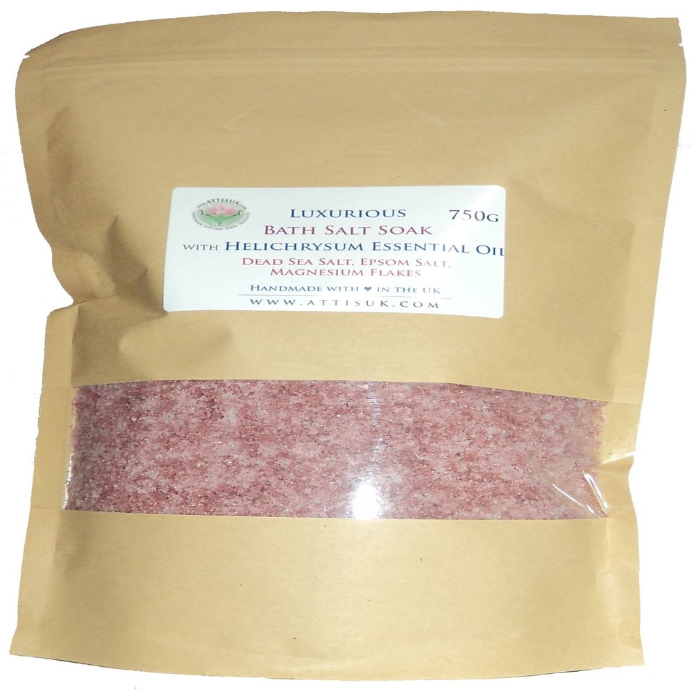 ATTIS Luxurious Bath Salt Soak with Helichrysum Essential Oil, Dead Sea Salt, Magnesium Flakes, Epsom Salt | Vegan | Hand Made | Relaxing | Refreshing | Calming | Rejuvenating (26.45oz)