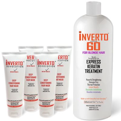 Blonde INVERTO 60 Brazilian Keratin Blowout Treatment Specifically Designed for blonde and Light Colored Hair Formaldehyde Free 1000ml with 500ml Super Deep Moisturizing Mask Smoothing and Repairing D