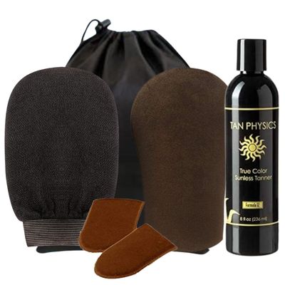 Tan Physics Sunless Tanner  6pc Tanning Kit with Face & Body Mitts, Exfoliation Mitt & Travel Bag  Self Tanning Lotion for Face & Body  Instant, Streak-Free Glow for a Natural-Looking Tan