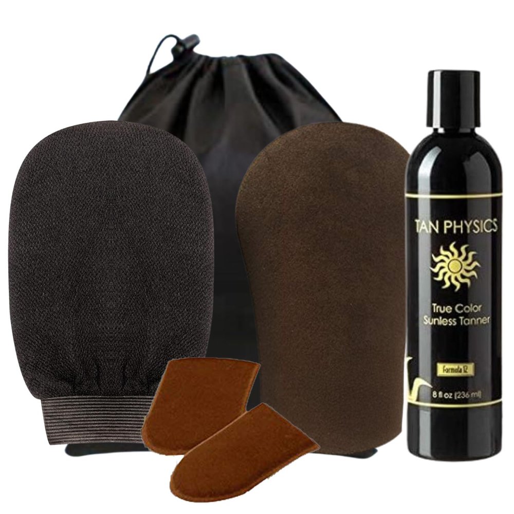 Tan Physics Sunless Tanner 6pc Tanning Kit with Face & Body Mitts, Exfoliation Mitt & Travel Bag Self Tanning Lotion for Face & Body Instant, Streak-Free Glow for a Natural-Looking Tan