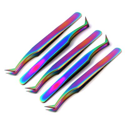 AAProTools 5 Pcs Stainless Steel Multi Rainbow Color 3D Eyelash Extension Tweezers Semi Angled A+ Quality