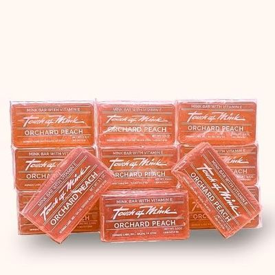 Peach Scent Mink Oil Soap Bars - Scent Mens and Womens Daily Cleanser With Moisturizing Vitamin E - Soft Facial and Body Wash - Also Great Non-Drying Shaving Soap For Everyone! - Bulk 12 Pack