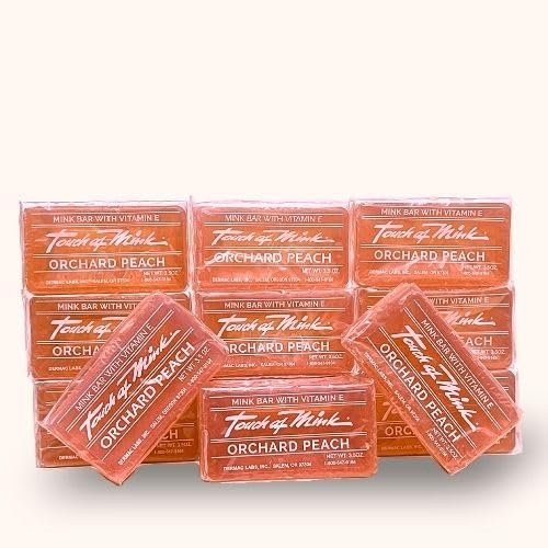 Peach Scent Mink Oil Soap Bars - Scent Mens and Womens Daily Cleanser With Moisturizing Vitamin E - Soft Facial and Body Wash - Also Great Non-Drying Shaving Soap For Everyone! - Bulk 12 Pack