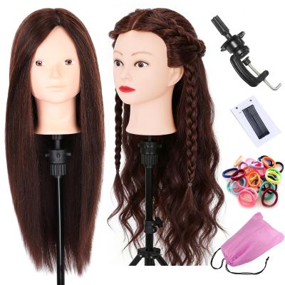 Mannequin Head with Human Hair 22-24 Inch Cosmetology Manikin Doll Head with 60% Brown Real Hair for Hairstylists Cosmetology Students Practice Styling with Clamp Holder