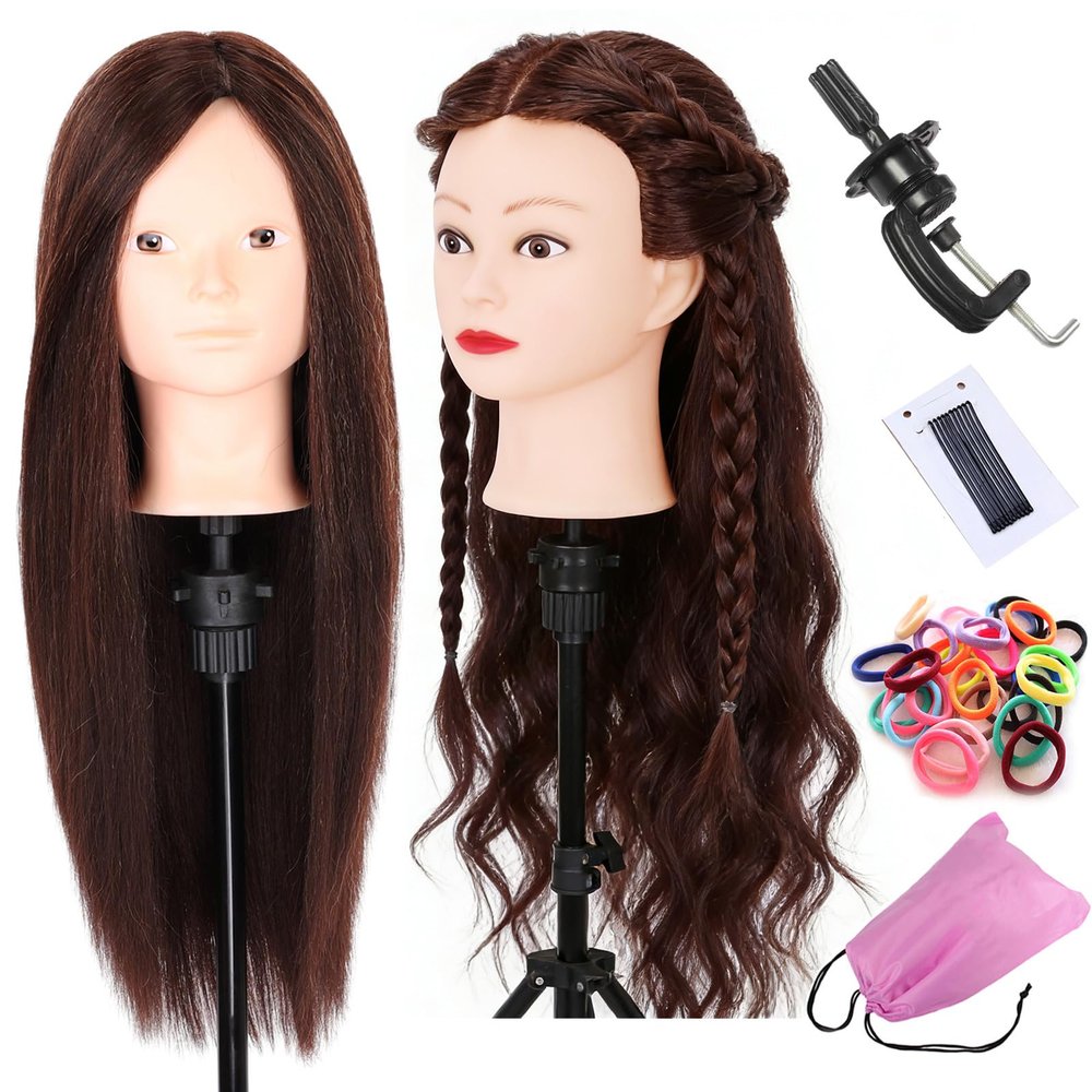 Mannequin Head with Human Hair 22-24 Inch Cosmetology Manikin Doll Head with 60% Brown Real Hair for Hairstylists Cosmetology Students Practice Styling with Clamp Holder