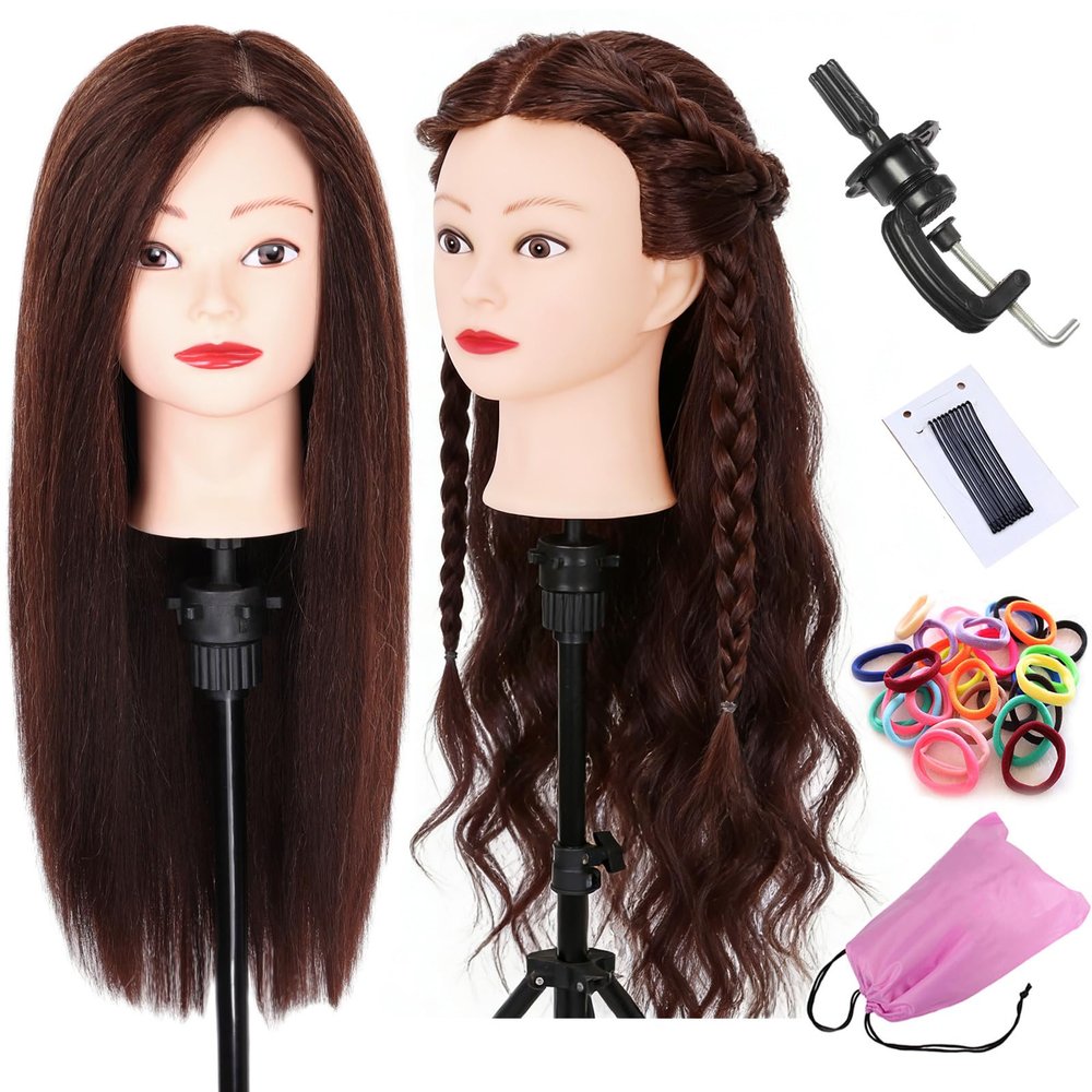 22-24 Inch Mannequin Head With 60% Real Human Hair Practice Training Manikin Head with Clamp Holder For Styling Cutting Braiding Brown Hair Cosmetology Doll Head for Christmas
