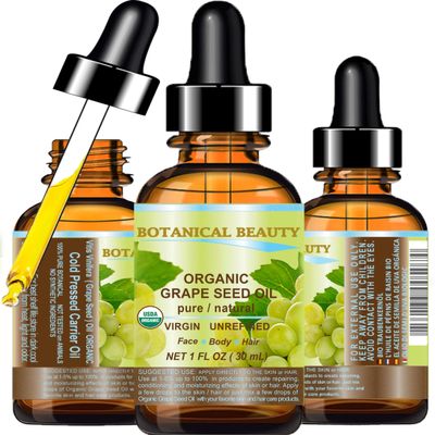 Botanical Beauty Organic GRAPE SEED OIL 100% Pure Natural VIRGIN UNREFINED Cold-Pressed Carrier Oil for Face, Skin, Body, Hair, Lip, Nails, Massage. Rich in Vitamin E (1 Fl Oz)