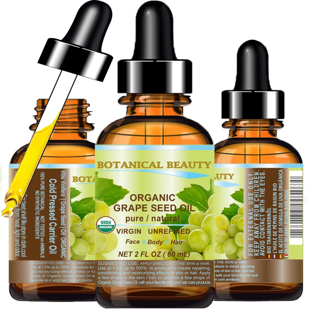 Botanical Beauty Organic GRAPE SEED OIL 100% Pure Natural VIRGIN UNREFINED Cold-Pressed Carrier Oil for Face, Skin, Body, Hair, Lip, Nails, Massage. Rich in Vitamin E (2 Fl Oz)