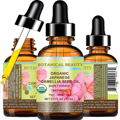 Botanical Beauty Japanese ORGANIC CAMELLIA Seed Oil. 100% Pure Natural Undiluted Refined Cold Pressed Carrier Oil to revitalize and rejuvenate the hair, skin and nails. 0.5 Fl. oz 15 ml