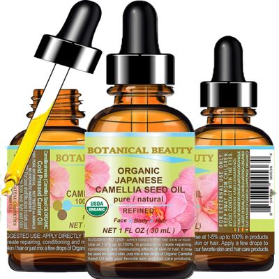 Botanical Beauty Japanese ORGANIC CAMELLIA Seed Oil. 100% Pure Natural Undiluted Refined Cold Pressed Carrier Oil to revitalize and rejuvenate the hair, skin and nails. 1 Fl. oz 30 ml