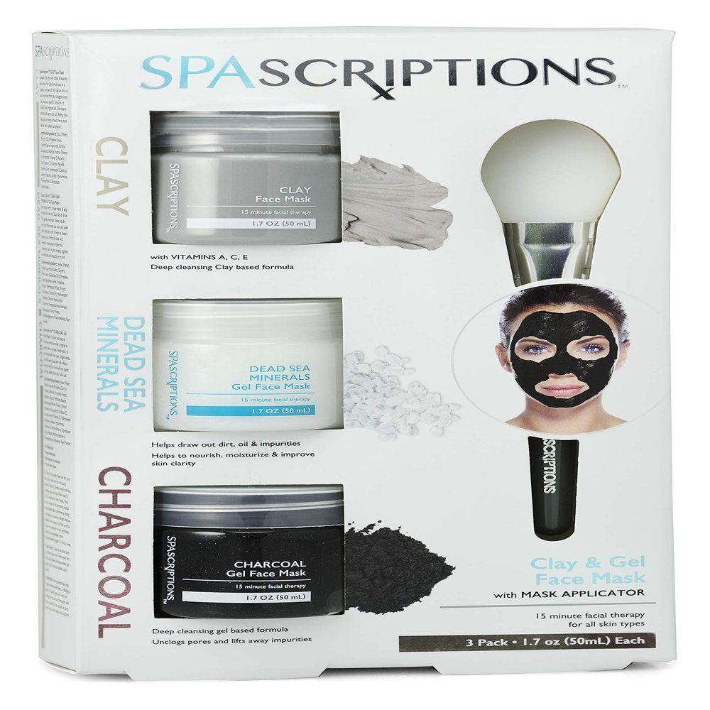 SpaScriptions Dead Sea, Charcoal, & Clay Gel Face Mask with Silicone Applicator - 3 Pack, 1.7 oz each Jar, 5.1 oz total