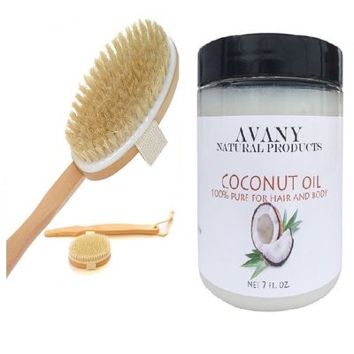 Avany Skin Brushing Set Organic Coconut Oil & Natural Bristle Body Brush For Exfoliating Dead Skin & Moisturizing Skincare Routine