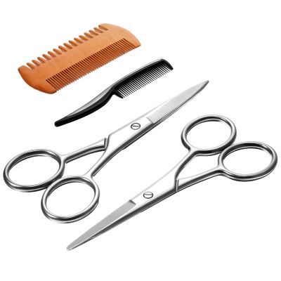 TecUnite 4 Pieces Mustache Scissors Grooming Kit for Men, Beard Trimmer Set, 2 Small Combs and 2 Scissors Beard Trimming Kit with Storage Bag Box