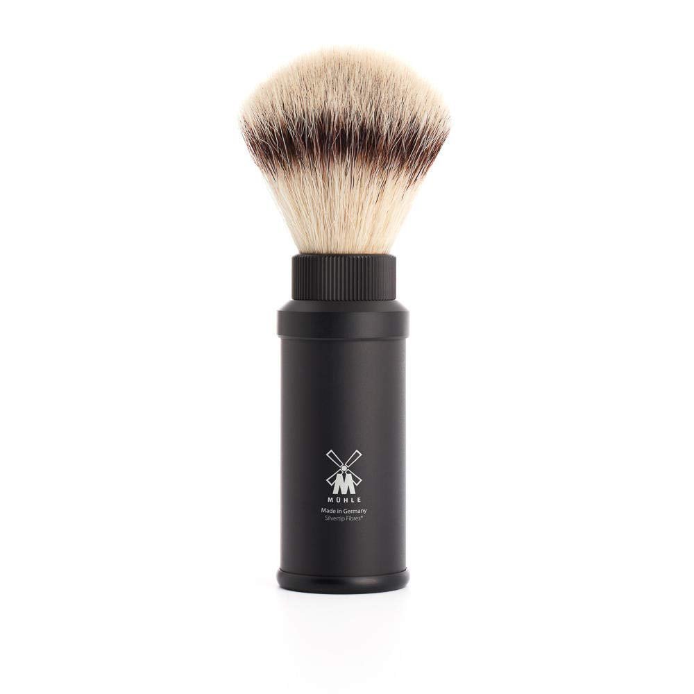 MHLE Travel Black Aluminum Silvertip Fibre Shaving Brush - Portable Synthetic Luxury Shave Brush for Men, Rich Lather
