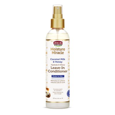 African Pride Moisture Miracle Leave-In Conditioner Spray with Coconut Milk & Honey, Hydrates & Shines Coils & Curls, 8 Oz