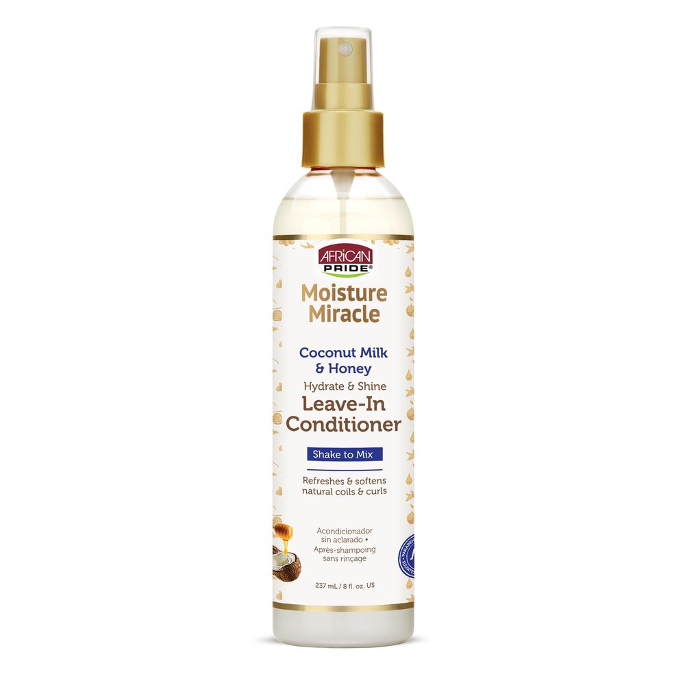 African Pride Moisture Miracle Leave-In Conditioner Spray with Coconut Milk & Honey, Hydrates & Shines Coils & Curls, 8 Oz