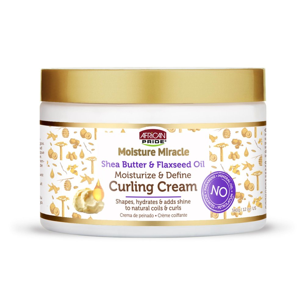 African Pride Moisture Miracle Shea Butter & Flaxseed Oil Curling Cream - Shapes, Hydrates & Adds Shine to Natural Coils & Curls, Moisturizes & Defines Hair, 12 oz