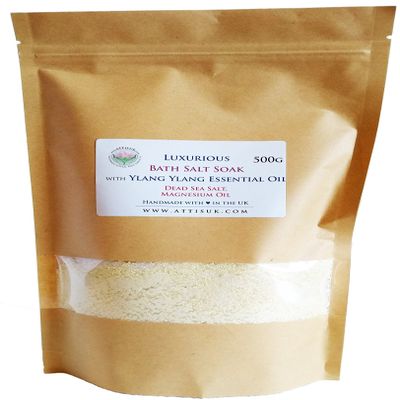 ATTIS Luxurious Bath Salt Soak with Ylang Ylang Essential Oil, Magnesium Oil, Dead Sea Salt | Vegan | Hand Made | Relaxing | Refreshing | Calming | Rejuvenating (17.63 oz)
